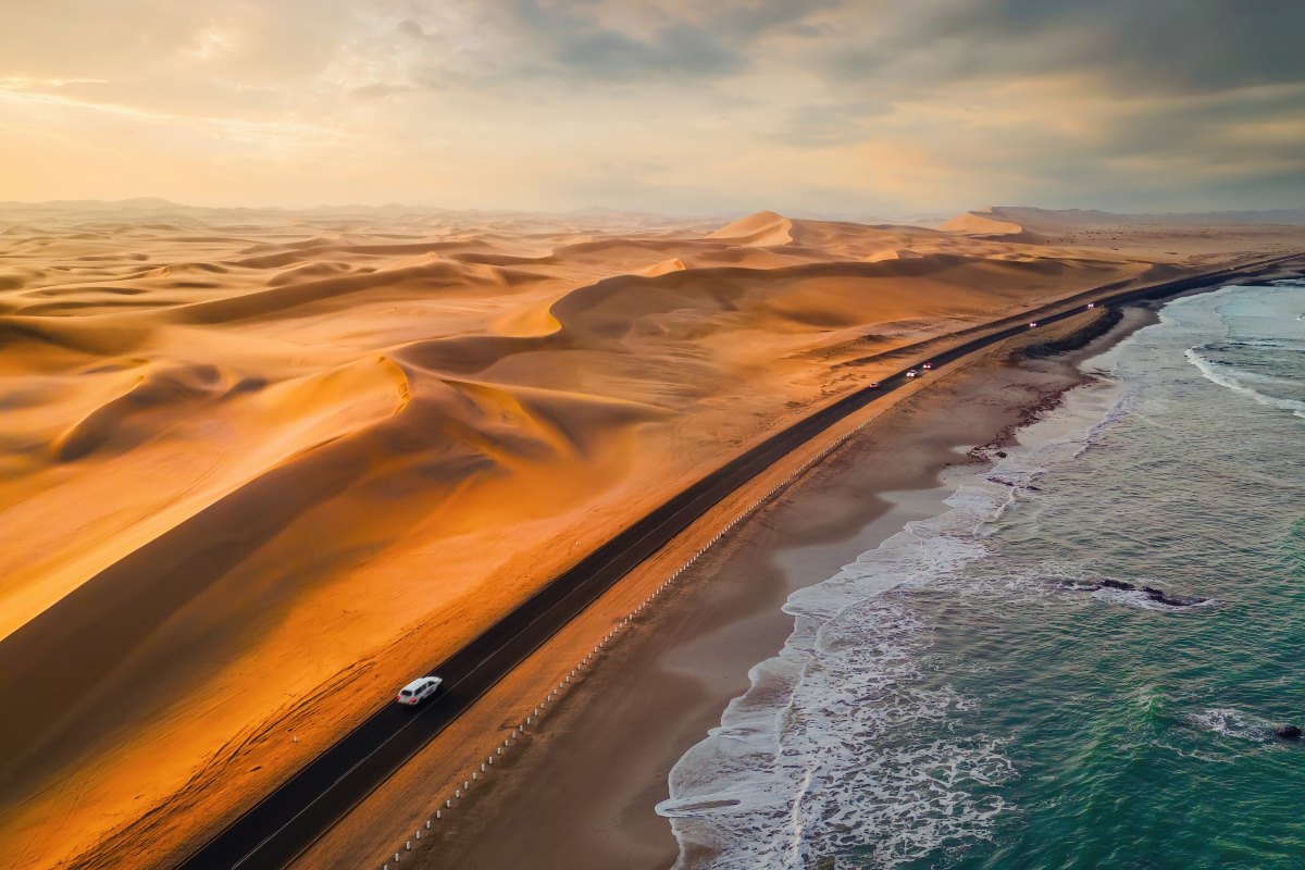 A 4x4 drives along the Skeleton Coast in western Namibia.