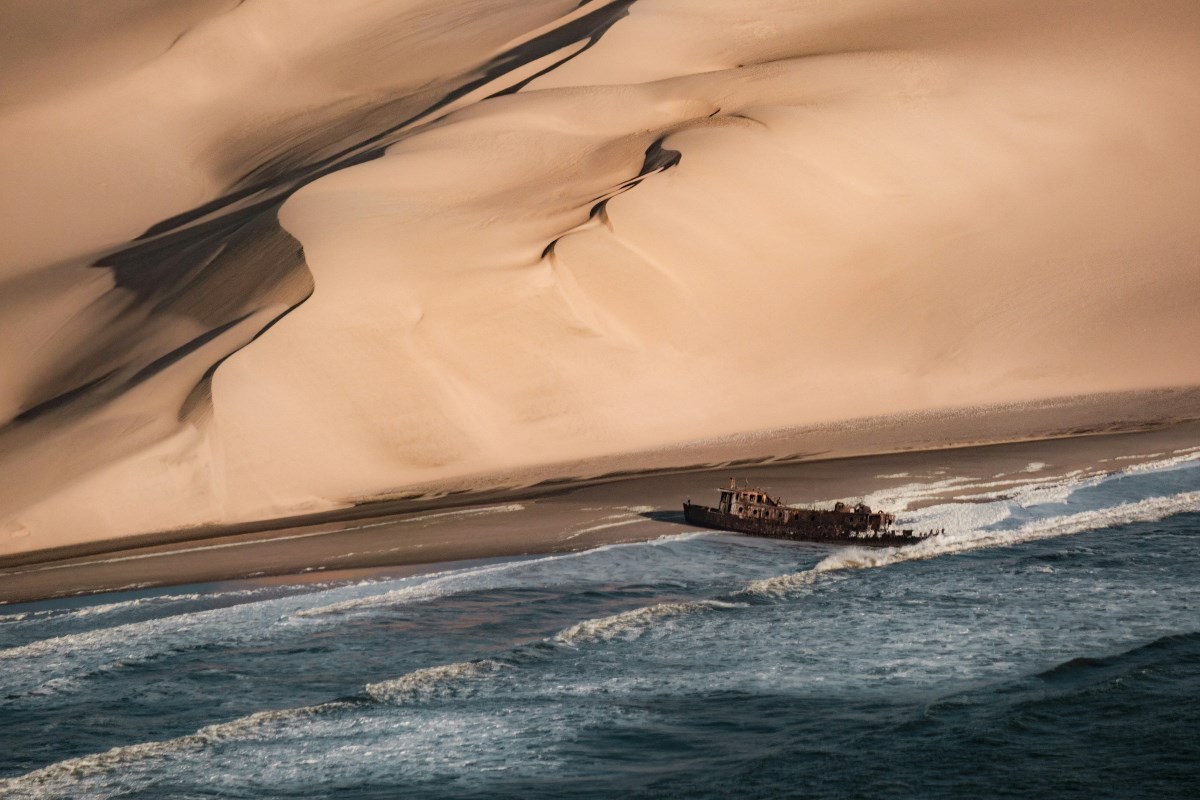 An aerial view of the Skeleton Coast in Namibia.