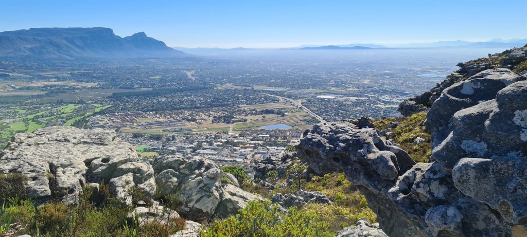 View of Cape Town and Table Mountain from Silvermine Nature Reserve, South Africa.