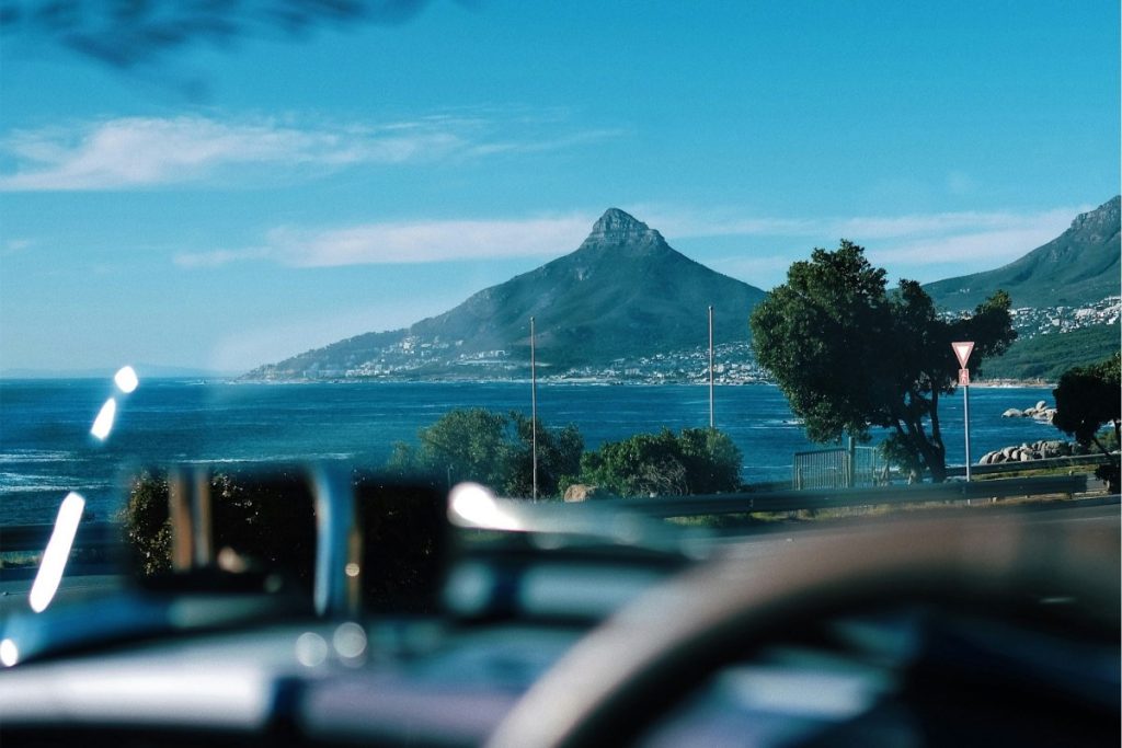 A view of Lions Head from a luxury car hired at Cape Town airport.