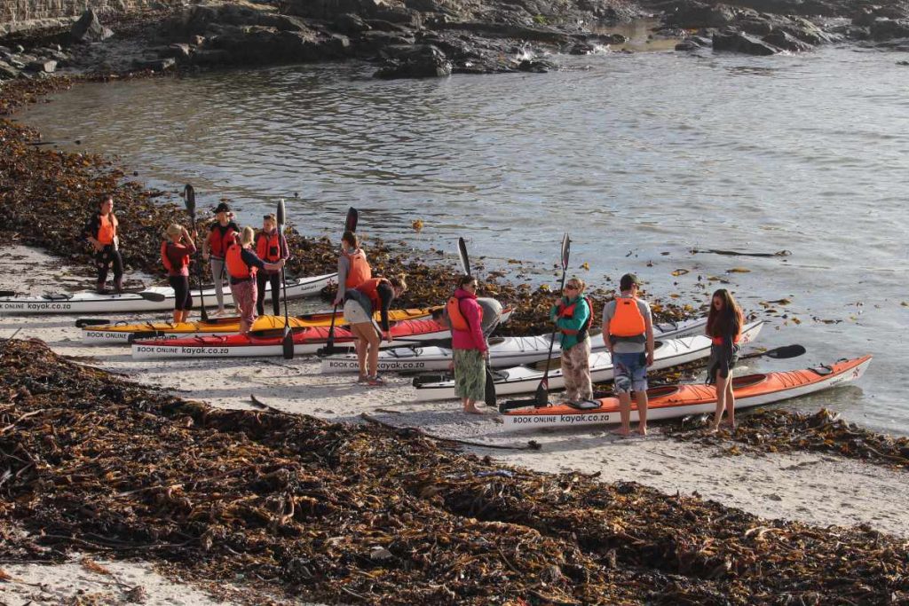 People get ready to go kayaking in Cape Town.