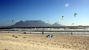 Kitesurfing on Blouberg beach in Cape Town, South Africa.
