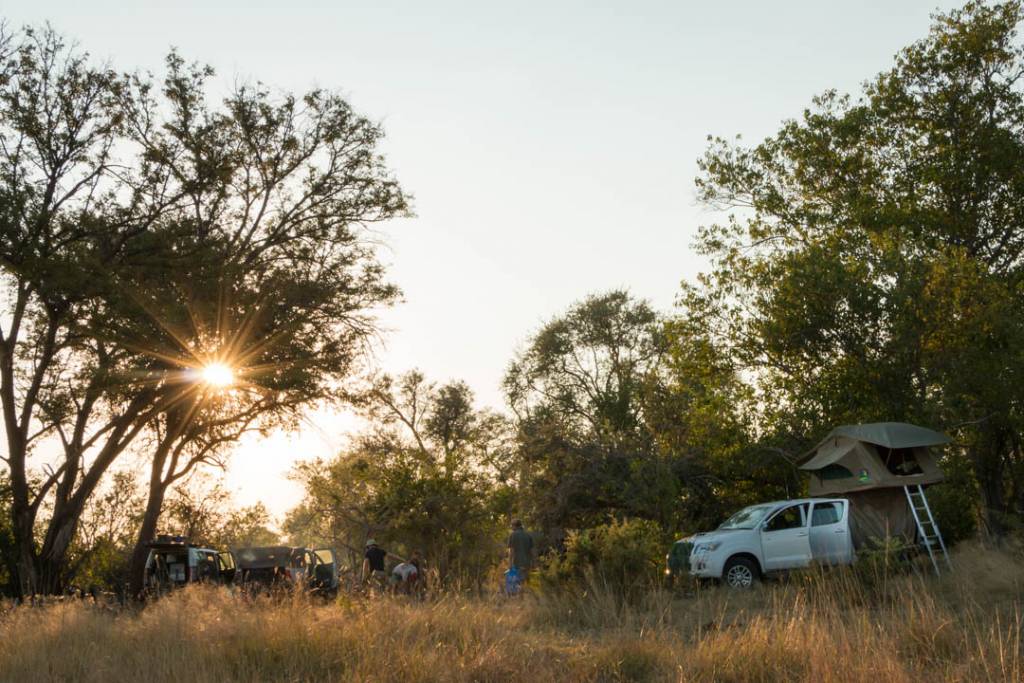 Campsite setup on a 4x4 self-drive safari in Botswana.