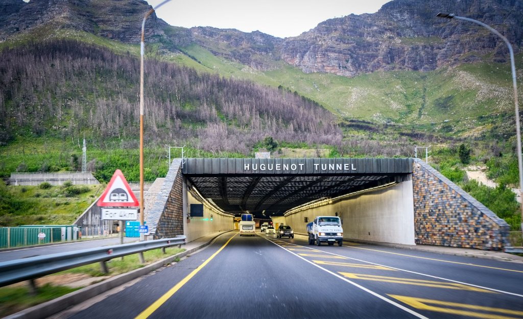 View of the entrance into Huguenot Tunnel towards the toll gates in South Africa.