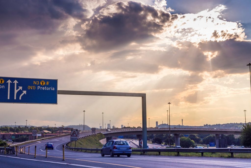 A Johannesburg road at sunset.