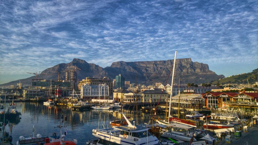 A panoramic image of the V&A Waterfront in Cape Town, South Africa.