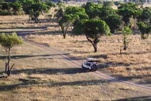 Aerial view of a 4x4 vehicle driving on a dirt road through the African bush.
