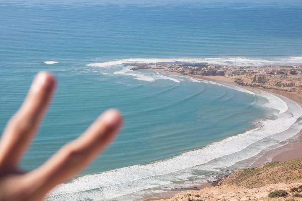 View of perfect waves wraping around a point in Morocco