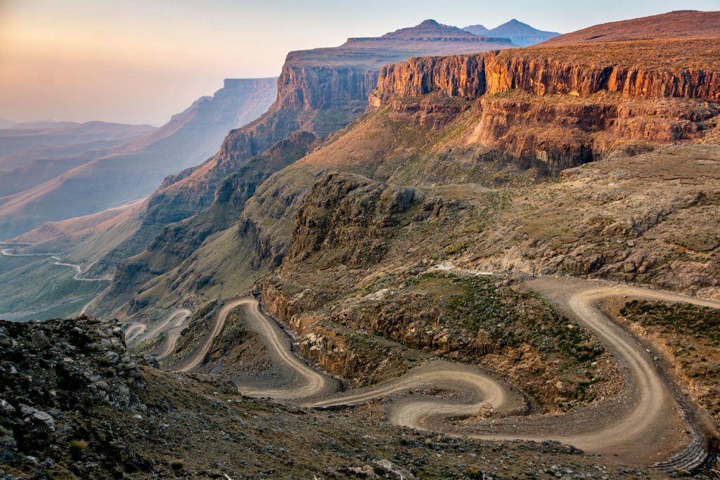 The winding Sani Pass dirt road between South Africa and Lesotho