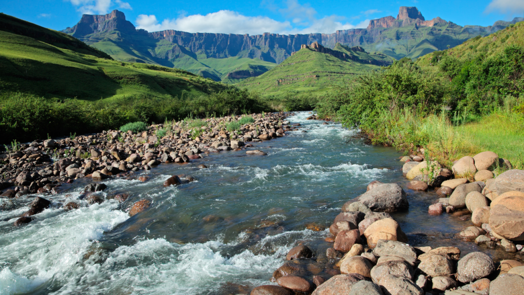 A view of a stream in front of the Drakensberg Mountains
