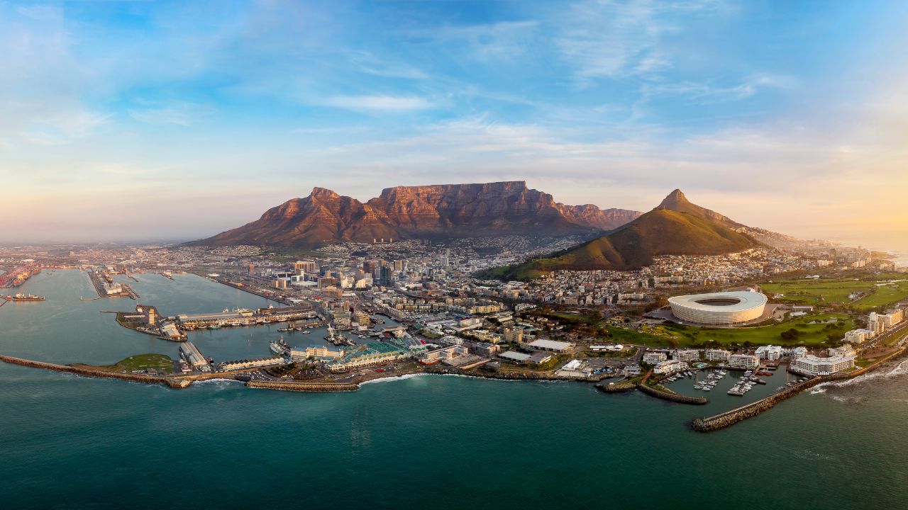Aerial view of Cape Town, South Africa during a sunset