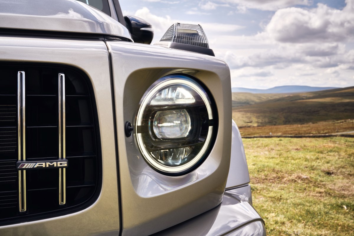 A close up of the headlight on a Mercedes-AMG G63.