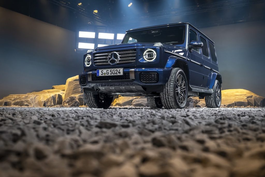 The new Mercedes-Benz G-Wagon in a warehouse.