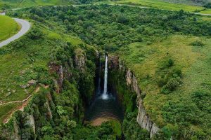 An aerial shot of Mac Mac Falls along the Panorama Route.