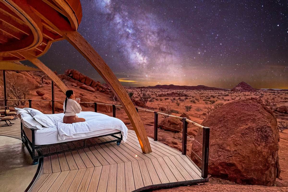 An outdoor bedroom under the stars in Namibia.