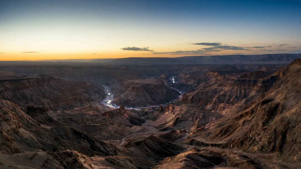 Aerial sunrise view of Fish River Canyon in Namibia.