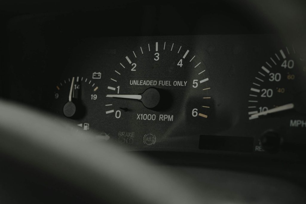 An odometer and fuel gauge.