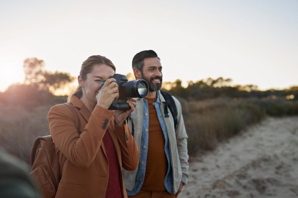 Couple on safari excursion in Africa.