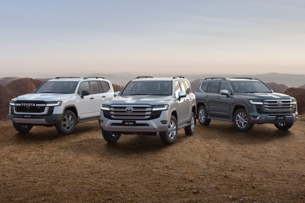 Three Land Cruiser 300s in the desert.