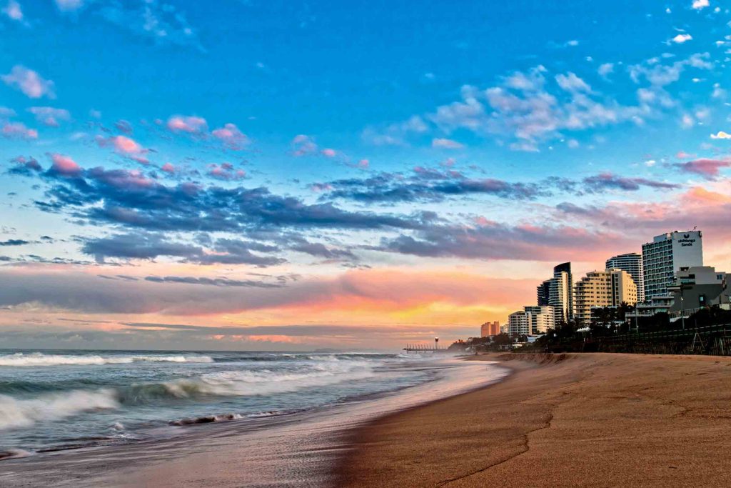 The Durban beachfront at sunset.