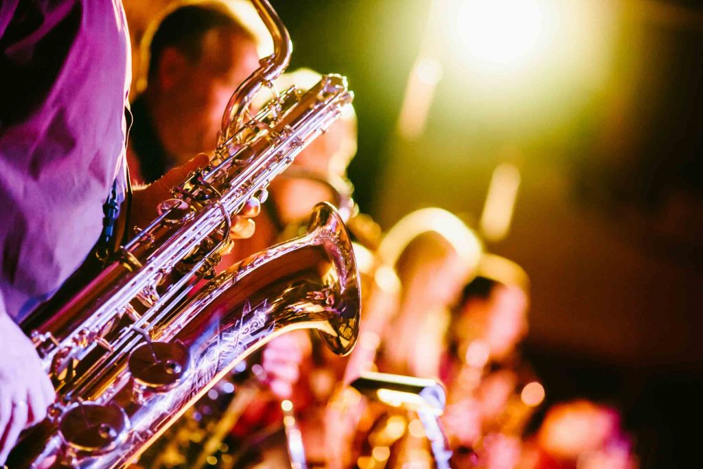 Brass instruments at a jazz concert.