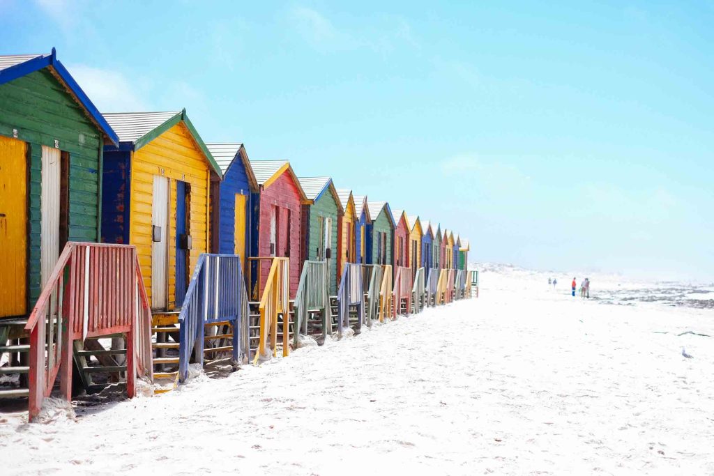 Colourful bathrooms at St James Beach in Cape Town.