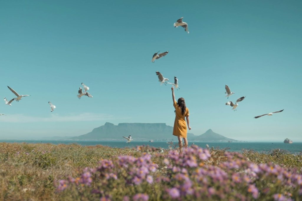 A girl among flowers with Table Mountain in the background.