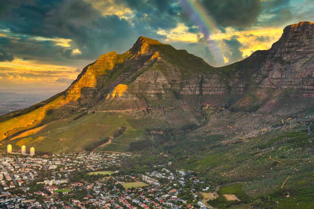 Devil's Peak in Cape Town with a rainbow.