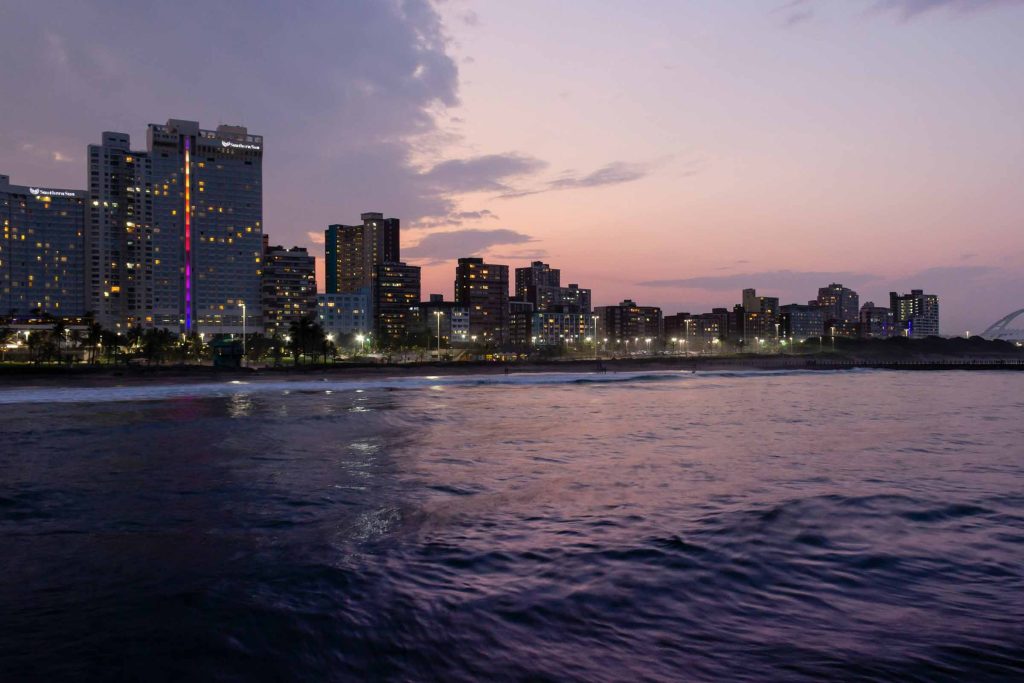 The Durban beachfront at sunset.