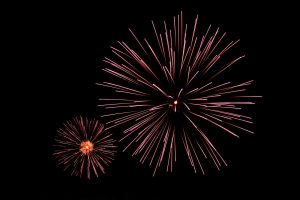 Fireworks light up against a dark sky.