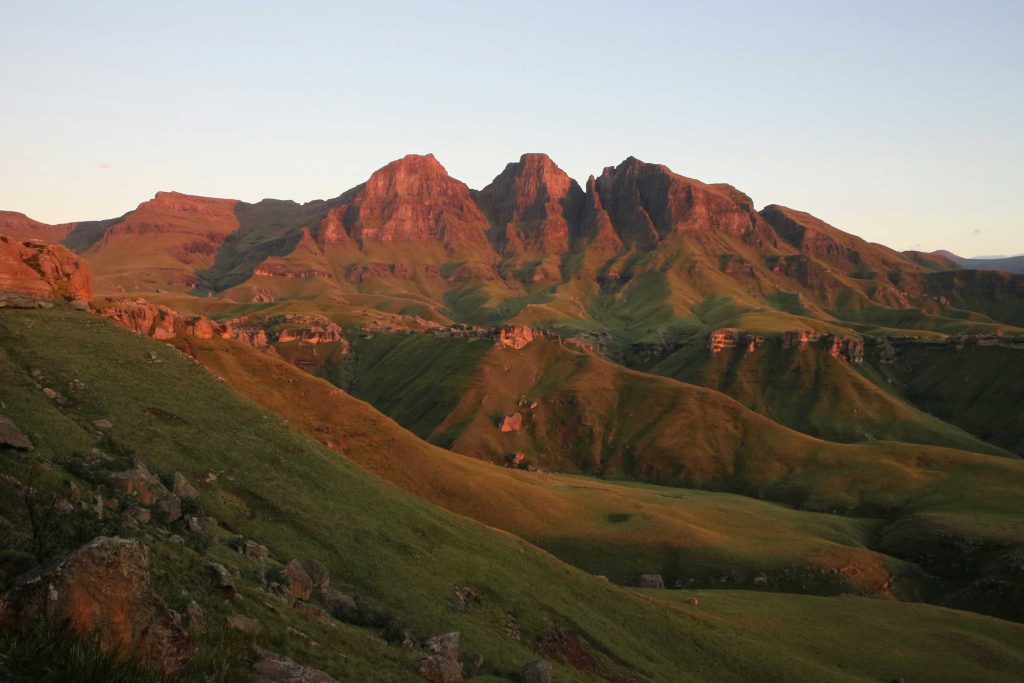 Thaba Nchu and other Drakensberg peaks at sunset.