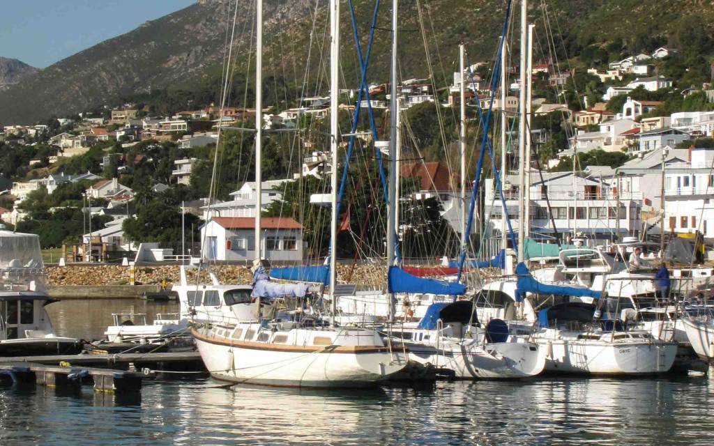 Boats docked at Bikini Beach in Gordons Bay.