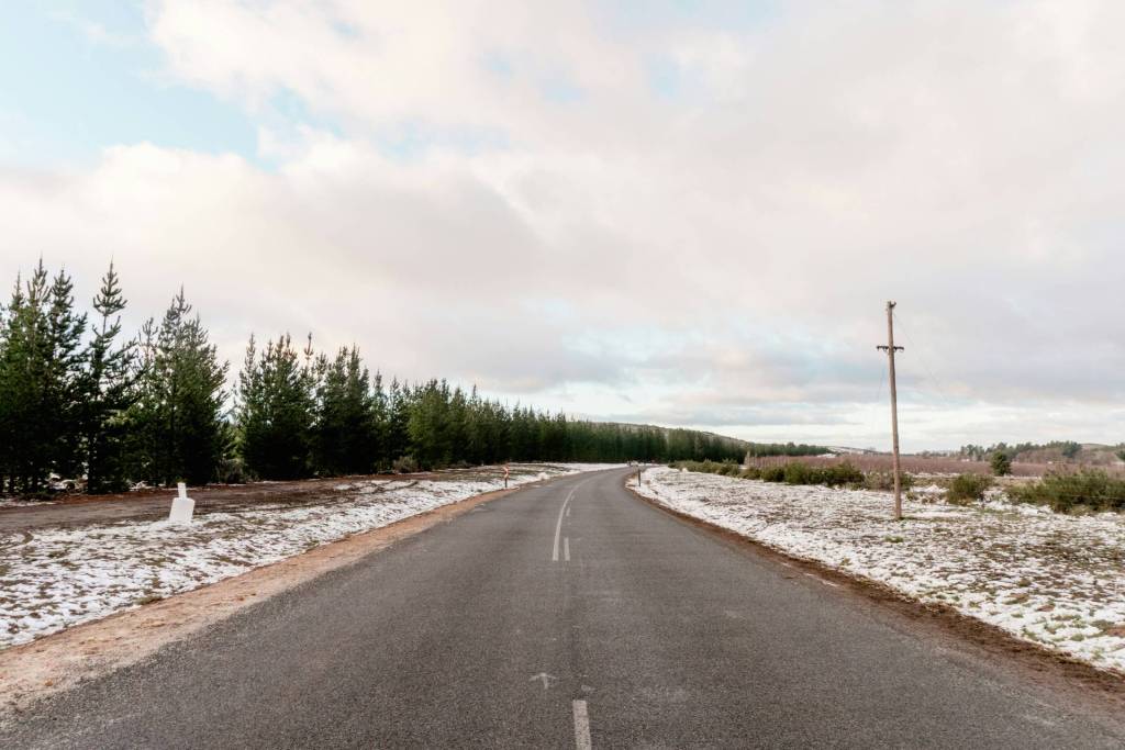 A long stretch of open road lined with trees and snow.