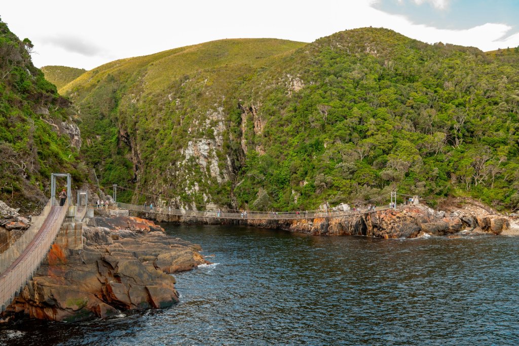 A view of the suspension bridge over the Storms River in Tsitsikamma National Park, South Africa.